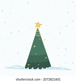 Vector Christmas Tree Isolated from Background. Snow Falling in Holiday Season Xmas and new year graphic template. Modern Tannenbaum tree decorated with lights and ornaments.