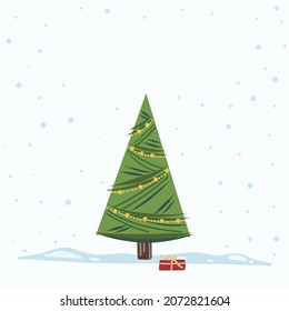 Vector Christmas Tree Isolated from Background. Snow Falling in Holiday Season Xmas and new year graphic template. Modern Tannenbaum tree decorated with lights and ornaments.