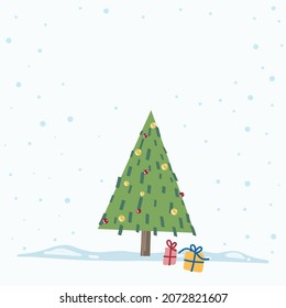 Vector Christmas Tree Isolated from Background. Snow Falling in Holiday Season Xmas and new year graphic template. Modern Tannenbaum tree decorated with lights and ornaments.