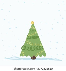 Vector Christmas Tree Isolated from Background. Snow Falling in Holiday Season Xmas and new year graphic template. Modern Tannenbaum tree decorated with lights and ornaments.