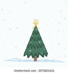 Vector Christmas Tree Isolated from Background. Snow Falling in Holiday Season Xmas and new year graphic template. Modern Tannenbaum tree decorated with lights and ornaments.