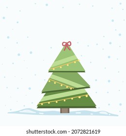 Vector Christmas Tree Isolated from Background. Snow Falling in Holiday Season Xmas and new year graphic template. Modern Tannenbaum tree decorated with lights and ornaments.