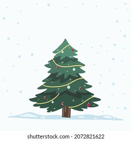 Vector Christmas Tree Isolated from Background. Snow Falling in Holiday Season Xmas and new year graphic template. Modern Tannenbaum tree decorated with lights and ornaments.