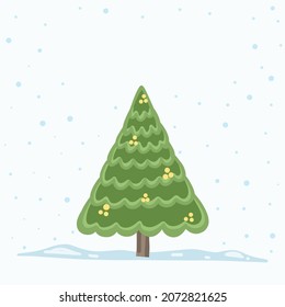 Vector Christmas Tree Isolated from Background. Snow Falling in Holiday Season Xmas and new year graphic template. Modern Tannenbaum tree decorated with lights and ornaments.