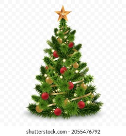 Árbol de navidad vectorial aislado en fondo transparente. Hermoso árbol de navidad brillante con decoraciones - bolas, guirnaldas, bombillas, mejillones y una estrella dorada en la parte superior. Estilo realista. Eps 10