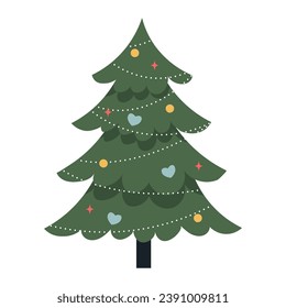 Vector Christmas tree isolated on transparent background in simple style. Beautiful Christmas tree with garland decorations, flat vector illustration.