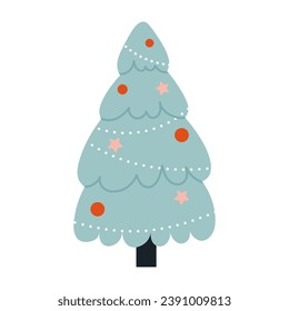 Vector Christmas tree isolated on transparent background in simple style. Beautiful Christmas tree with garland decorations, flat vector illustration.