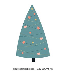 Árbol vectorial de Navidad aislado en fondo transparente en estilo simple. Hermoso árbol de Navidad con decoraciones de garland, ilustración plana vectorial.