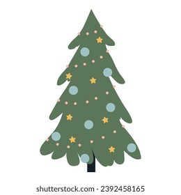 Vector Christmas tree isolated on transparent background in simple style. Beautiful Christmas tree with garland decorations, flat vector illustration.
