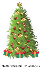 Vector christmas tree isolated on white background. Beautiful shining christmas tree with decorations