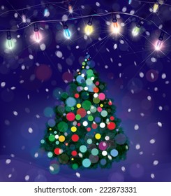 Vector Christmas tree and lights decorations on snowfall background. 
