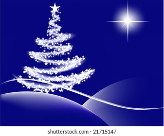 Vector- Christmas tree with lights and the star of Bethlehem