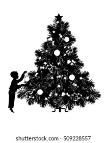 Vector Christmas Tree with a little boy silhouette 
