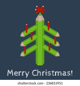 vector christmas tree made of colored pencils and the words Merry Christmas