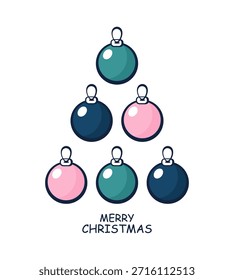 Árvore de Natal vetor feita de bolinhas coloridas com texto Feliz Natal, ilustração de férias de desenhos animados plana bonito isolado no branco.