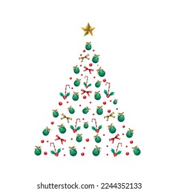 Vector Christmas Tree Made of Christmas Tree Decorations Isolated on White Background. 3d Holiday Hanging Elements. Candy Canes, Satin Ribbon Bows, Holly Berries and Berries. 3D Star on the tree's top