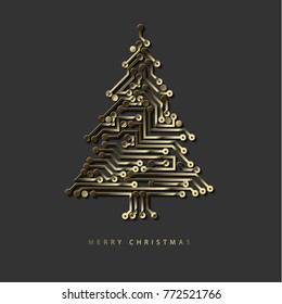 Árbol de navidad vectorial hecho de circuito electrónico digital dorado en fondo gris oscuro 