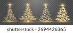 Vector Christmas tree made of glowing lights. Bright shiny Christmas light. Glittering lights in the form of a Christmas tree. Gold glowing spruce luxurious design. Vector on png background.