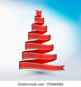 Vector Christmas Tree Made of Red Ribbon on Bright Background. New Year, Christmas Design Element for Greeting Card or Party Invitation.