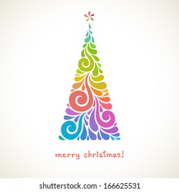 Vector Christmas tree made from swirl shapes. Original modern design element with floral ornament. Greeting, invitation cute card. Simple decorative color illustration for print, web
