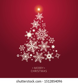 Vector Christmas tree made from white snowflakes on red background