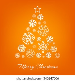 Vector Christmas Tree Made From White Snowflakes On Orange Background. Merry Christmas Greeting Card.