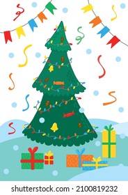 Vector Christmas tree. New Year and Christmas traditional tree with garlands, light bulb, cones, star. Flags, confetti and gifts.