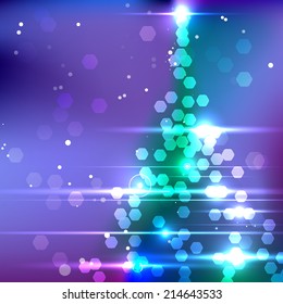 Vector Christmas Tree on Blurred Background with lots of Lights.