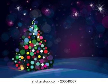 Vector Christmas tree on starry background.