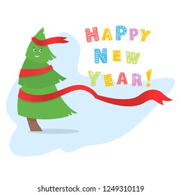 Vector Christmas tree on a surfboard with red ribbon and text Happy New Year cartoon  greeting  card background 