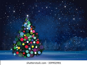Vector Christmas tree on wonderland night background.
