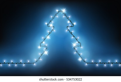 Vector Christmas tree ornaments from the garland on a dark background. For Christmas cards and greetings. New Year composition of luminous decorations.