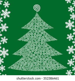 Vector Christmas tree with ornaments on a green background for design.