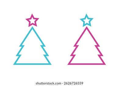 Vector Christmas tree. Outline Style Design of Cypress Tree Isolated on White Background. Christmas Design Element. Christmas and New Year Holidays Symbol. Magenta Blue Colors Design Elements.