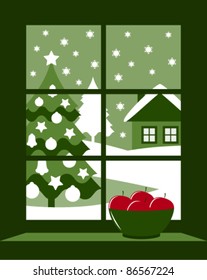 vector christmas tree outside window