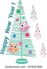 vector christmas tree with owls and happy new year