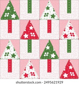 Vector Christmas tree Patchwork Seamless pattern. Christmas, New Year, Winter Holidays. Decorative Abstract Geometric Mosaic Pattern in Folk Style. Quilting Background.