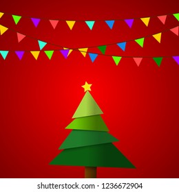 Vector : Christmas tree with pennant flags on red background