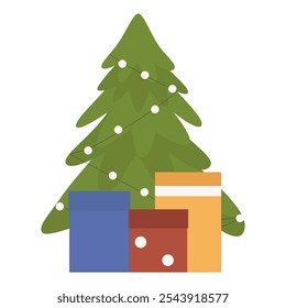 Vector Christmas tree with presents and lights in flat style.