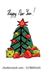 Vector Christmas Tree with presents. Sticker on white background.