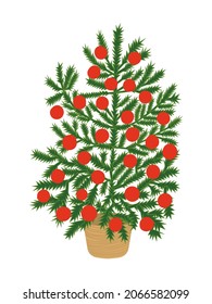 Vector Christmas tree with red balls in wicker basket. Christmas tree decorated illustration.