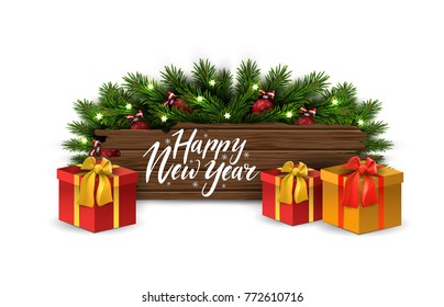 Vector christmas tree with red balls and bows and wood board and gift boxes. Happy new year