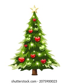 Árbol vectorial de Navidad con bolas rojas y verdes y estrella dorada aislada en un fondo blanco.