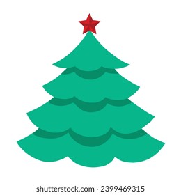 Vector Christmas tree in red and green colors isolated on white background. Christmas pine tree with star above. Isolated Vector Design Element.