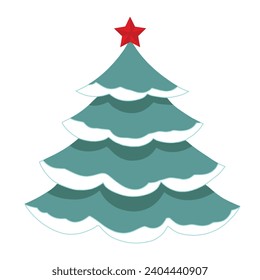 Vector Christmas tree in red and green colors isolated on white background. Christmas pine tree with star above and full of snow Isolated Vector Design Element. Xmas empty tree flat design element. 