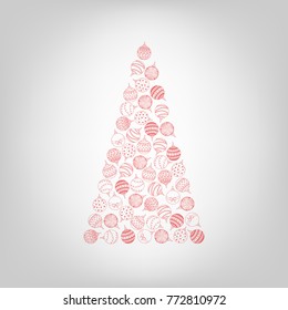 Vector christmas tree from red hand drawing Christmas tree ball toy. Greeting card for New Year, Christmas.