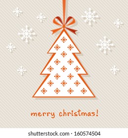 Vector christmas tree with red ribbon and bow. Original design element. Simple festive label. Greeting, invitation cute card with lettering - Merry Christmas. Decorative illustration for print, web 