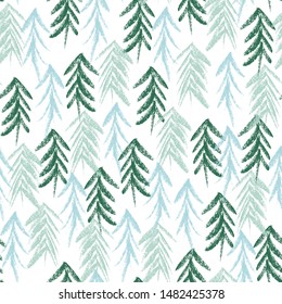 Vector Christmas tree seamless pattern. Green and white hand drawn doodle sketch with pencil. Festive design for wrapping and backgrounds.