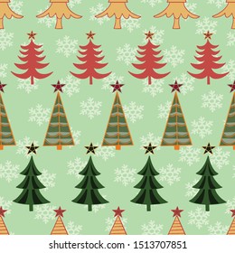 Vector Christmas Tree Seamless Pattern on green background