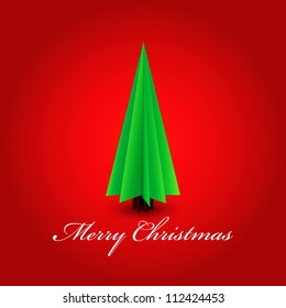 Vector Christmas tree / Simple vector Christmas tree made from origami paper / Origami Christmas tree greeting card / Green origami Christmas tree on red bacgrounds